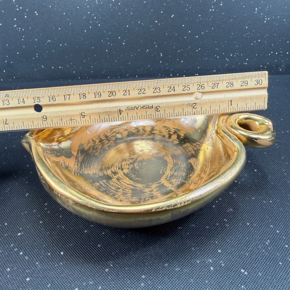 Stangl Pottery Granada Gold Hand Painted Ceramic Leaf Bowl Ring Handle 3787 7in